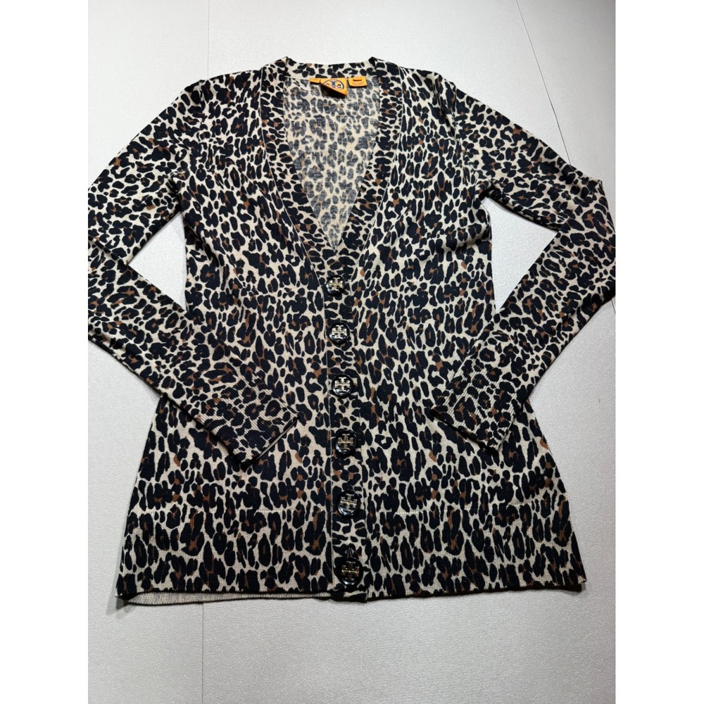 Tory Burch Leopard Print Merino Wool Cardigan Sweater Logo Buttons‎ XS